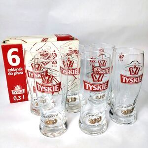 Set 6 Tyskie Grand Prix Beer Glasses Poland 12 oz .3L with Box